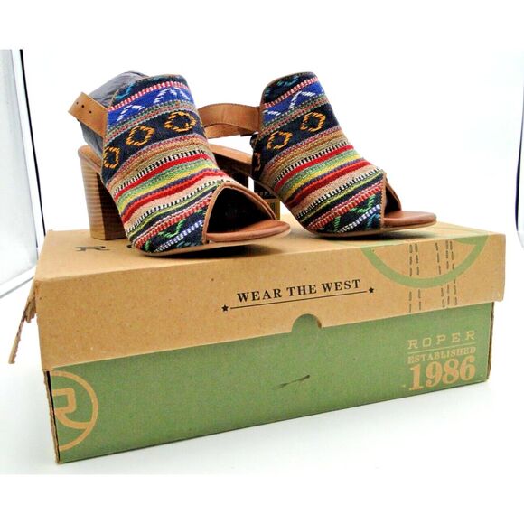 Roper Shoes - Roper Womens 6.5 Mika Aztec Tapestry Buckle Heel Sandal Slingback Leather New
